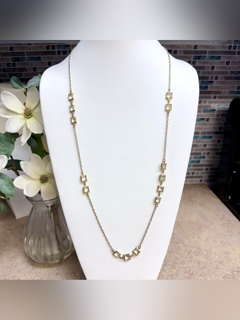 J .Crew Gold Tone Square Crystal Station Necklace